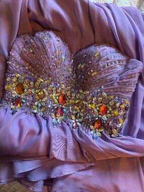 Lavender strapless maxi prom dress with beaded embellishment, size 4